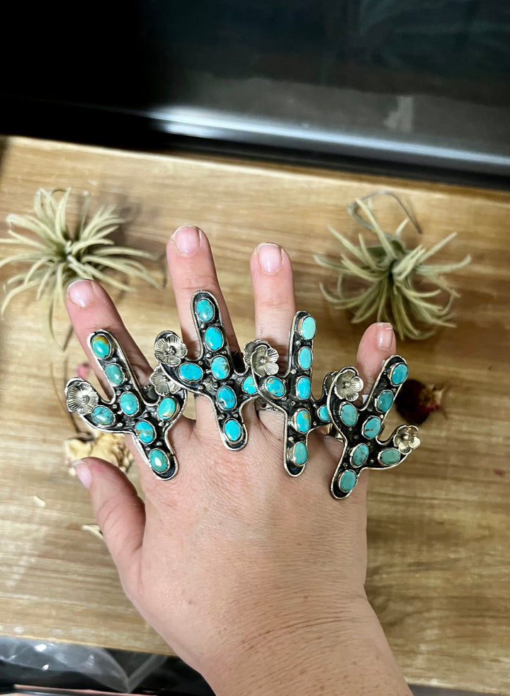 Blue Turquoise Cactus Ring with flower - Adjustable - Brass silver ring Shopify Collective The Bijoux FAB Jewelry The Bijoux FAB Jewelry
