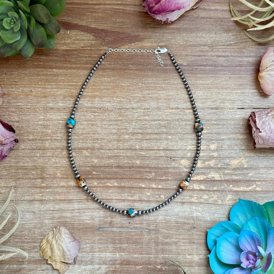 Kids necklace - 13” Turquoise & Spiny Oyster Necklace – 3–4mm Sterling Silver Pearls Choker Shopify Collective The Bijoux FAB Jewelry The Bijoux FAB Jewelry