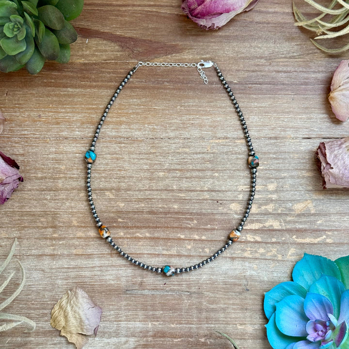 Kids necklace - 13” Turquoise & Spiny Oyster Necklace – 3–4mm Sterling Silver Pearls Choker Shopify Collective The Bijoux FAB Jewelry The Bijoux FAB Jewelry