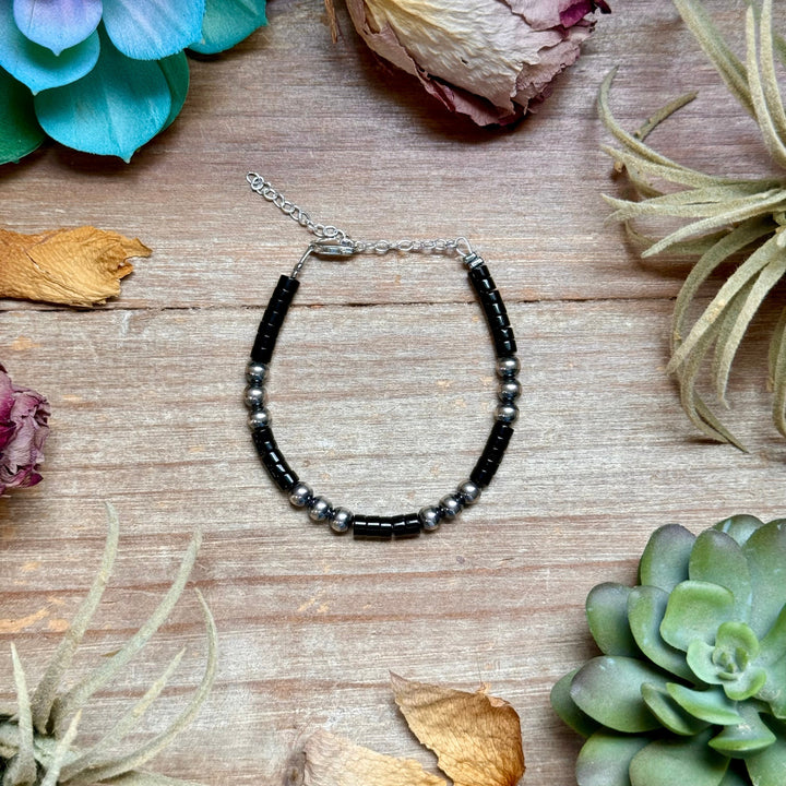 Black Onyx & Sterling Silver Bracelet – 6 1/4" – 5mm Bracelets Shopify Collective The Bijoux FAB Jewelry The Bijoux FAB Jewelry