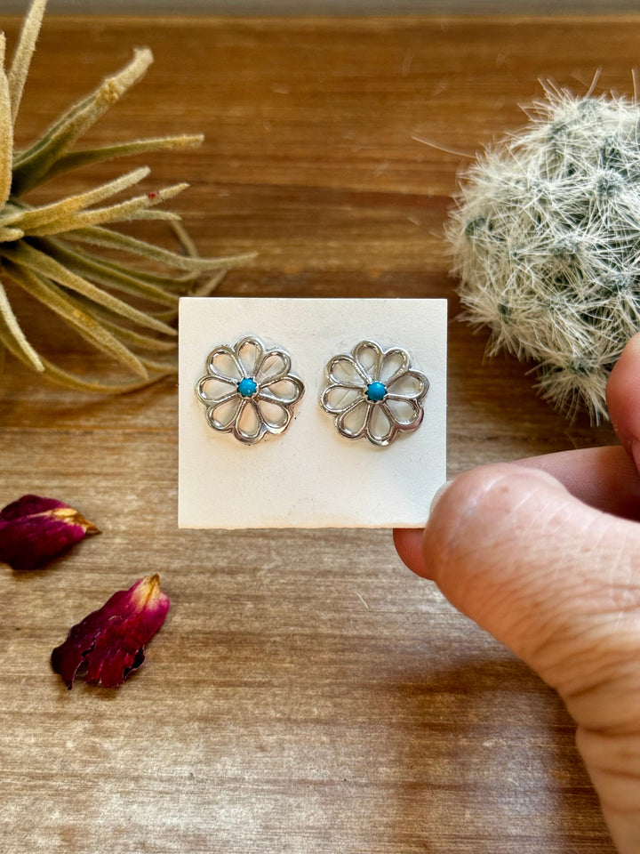 Zuni Cluster Earrings – Small Turquoise Flower in Sterling Silver Earrings Shopify Collective The Bijoux FAB Jewelry The Bijoux FAB Jewelry