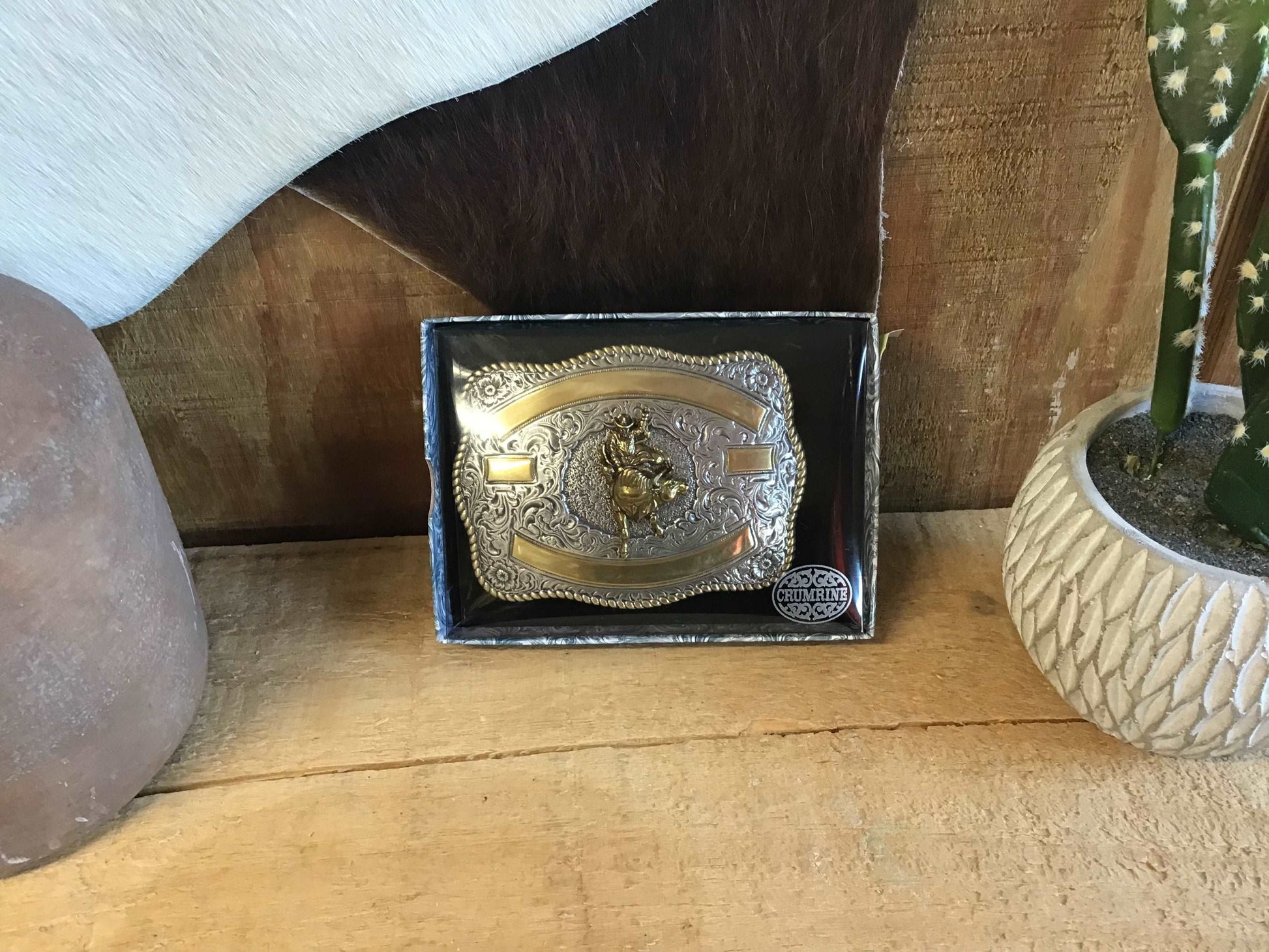 Crumrine Silver with Gold Ribbon & Bull Rider Rectangle Belt Buckle M & F