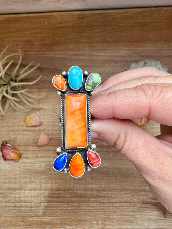 Long Ring- Size 5 - mix stone turquoise, spiny and sterling silver ring Shopify Collective The Bijoux FAB Jewelry The Bijoux FAB Jewelry