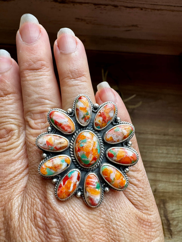 Mojave Spiny & Turquoise Flower Adjustable Ring – Sterling Silver, Made in USA ring Shopify Collective The Bijoux FAB Jewelry The Bijoux FAB Jewelry