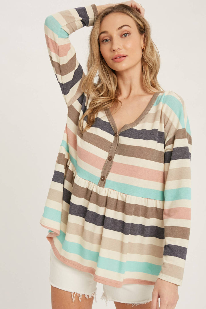 BUTTON FRONT MULTI STRIPE TOP Shirt 60% off Women's Bluivy