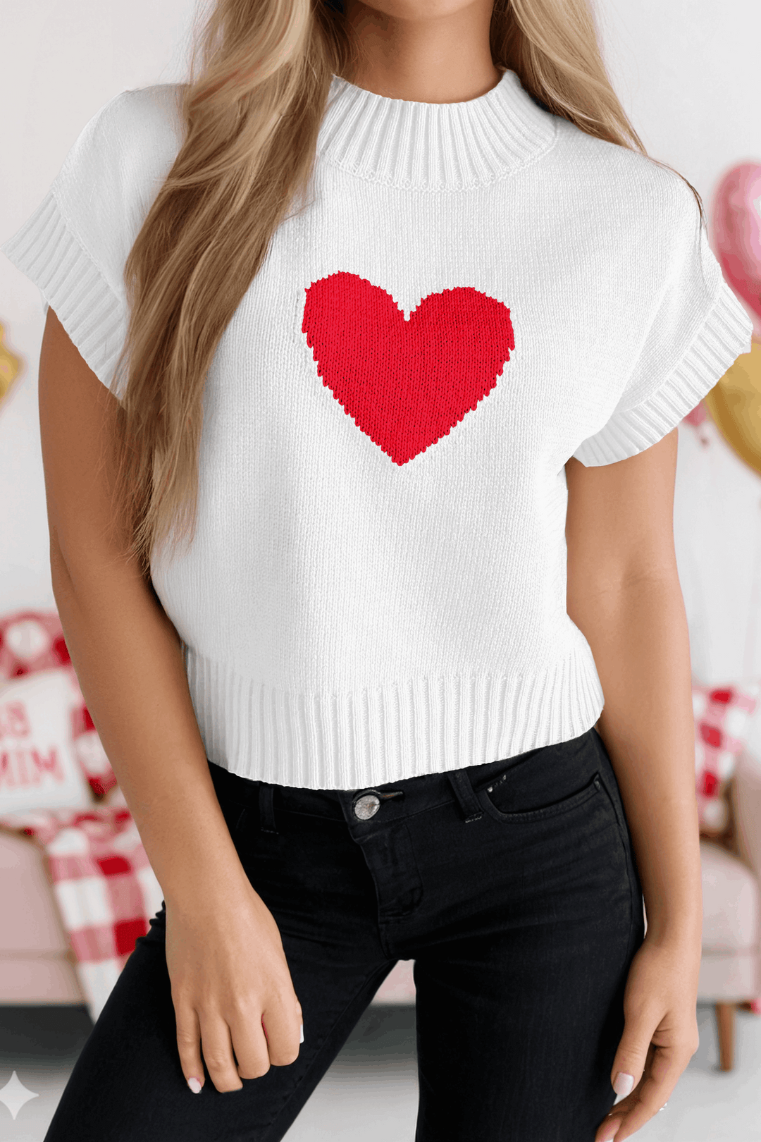 Valentines Day Heart Graphic Cropped Short Sleeve Sweater 20% off Women's fashionworks