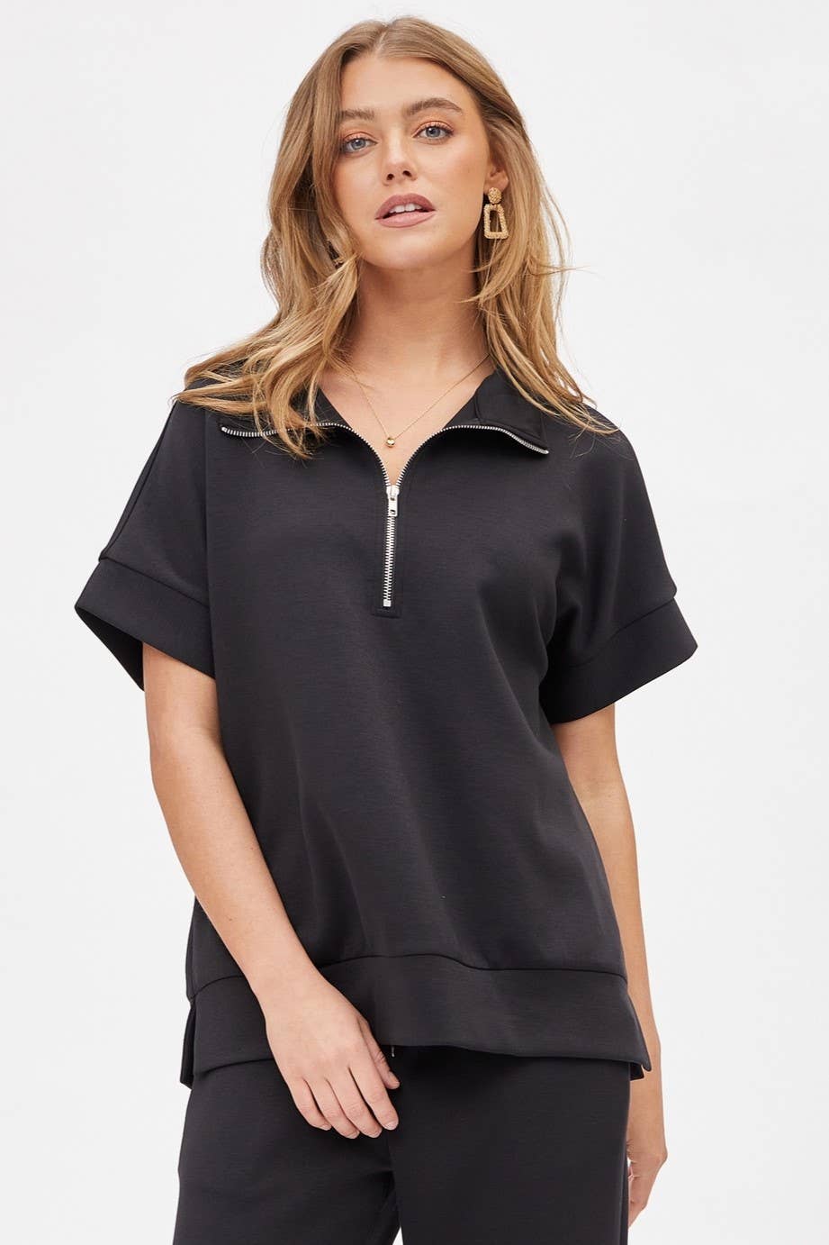 Short Sleeve Quarter Zip + Pants Set: BLACK Outfit Set Dear Scarlett