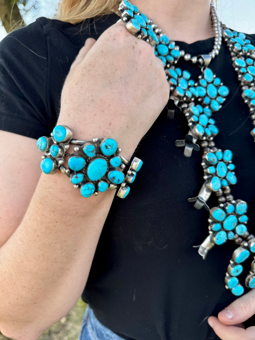 Complete Squash Blossom Set – Kingman Turquoise – Sterling Silver – Navajo Made by Wilson Dawes jewelry set Shopify Collective The Bijoux FAB Jewelry The Bijoux FAB Jewelry