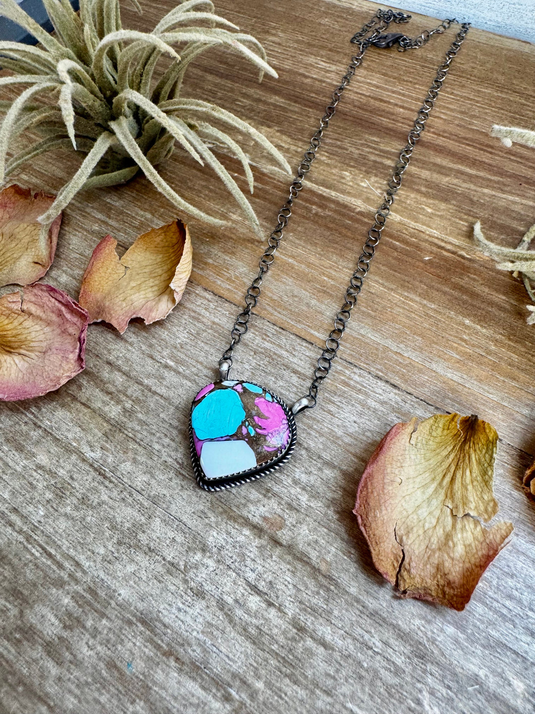 Cotton Candy Turquoise Bar Necklace – Freeform Shape – 18" Sterling Chain – Tia Long, Navajo Handmade Necklaces Shopify Collective The Bijoux FAB Jewelry The Bijoux FAB Jewelry
