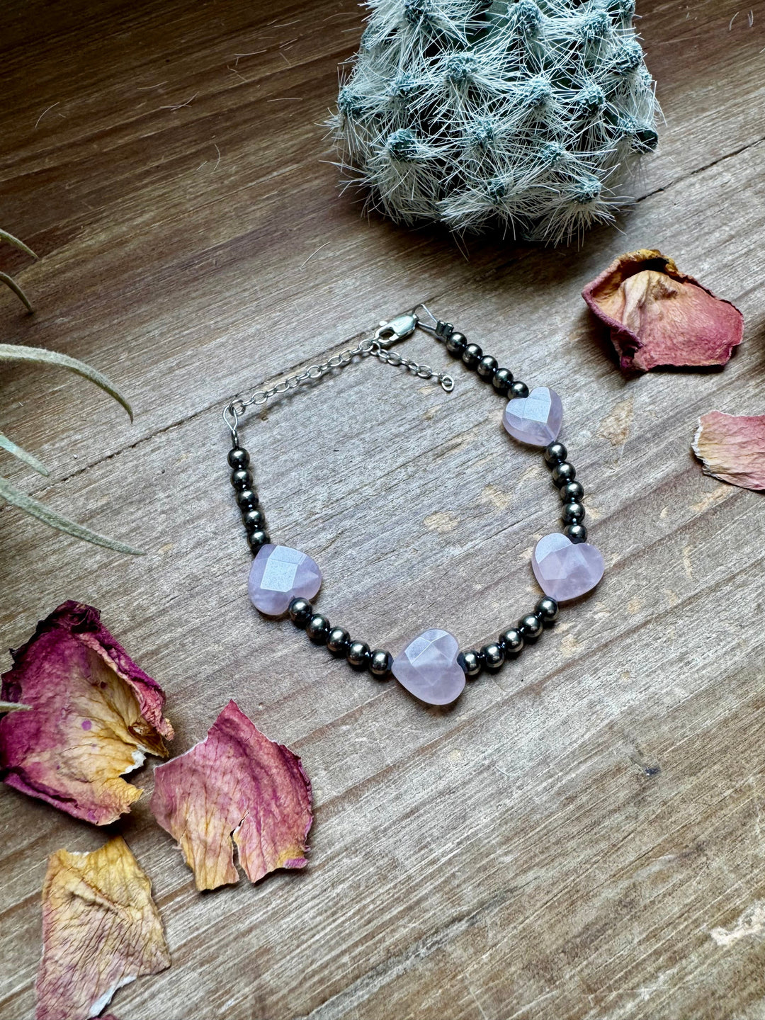 Valentine Bracelet - 4 mm sterling silver pearls and Rose Quartz heart Bracelets Shopify Collective The Bijoux FAB Jewelry The Bijoux FAB Jewelry