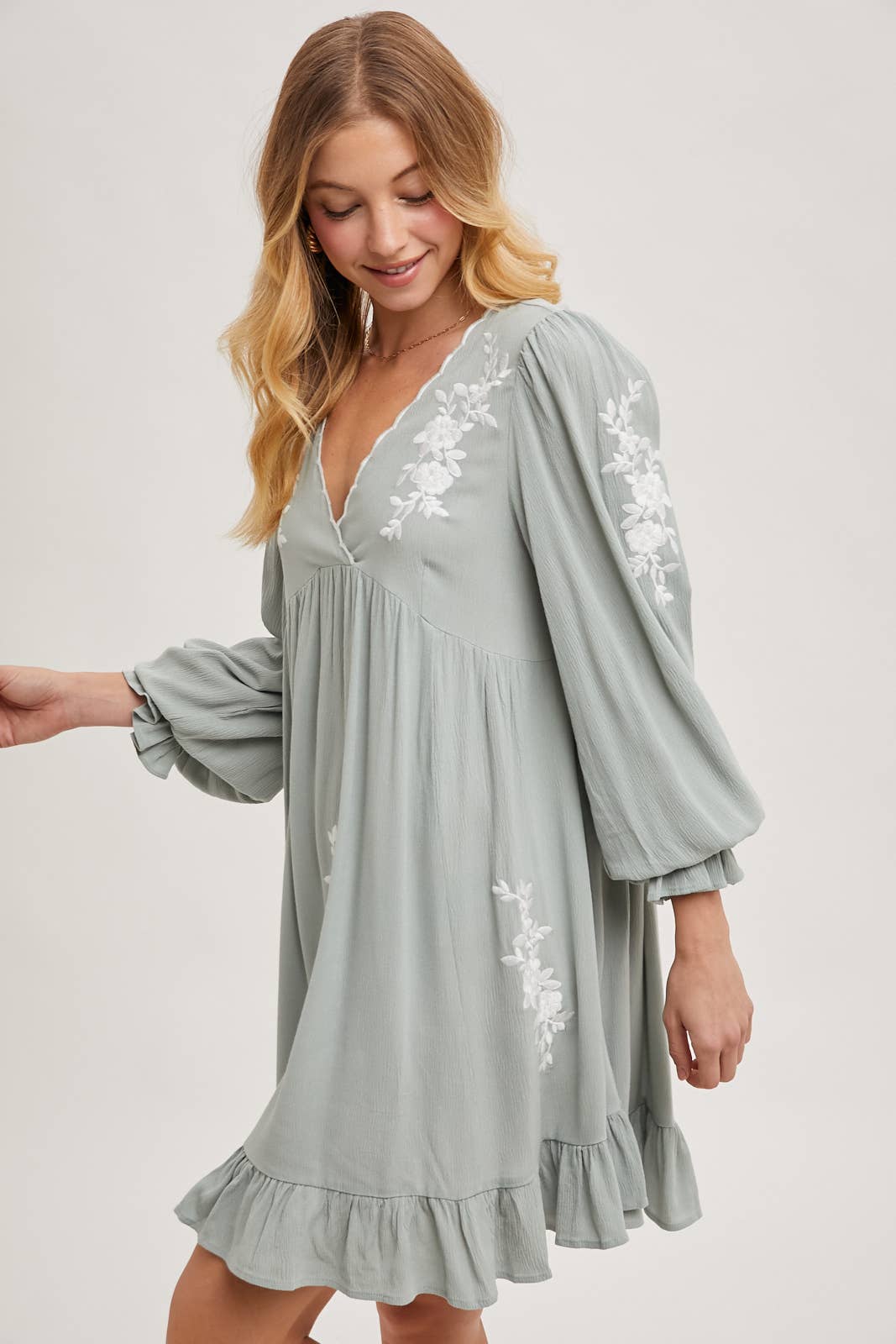 EMBROIDERED V-NECK RUFFLED DRESS dress Bluivy