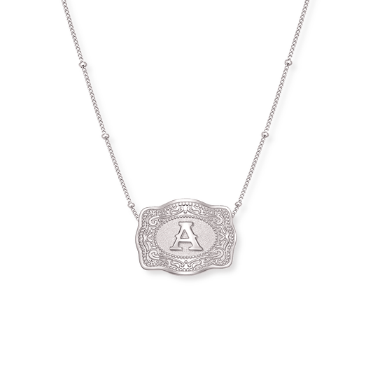 SpurWest Mini Belt Buckle Necklace (Initial) - Silver Silver Beaded Chain (16" + 2" extender) A SpurWest