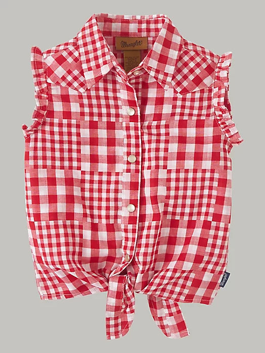 GIRL'S SLEEVELESS PICNIC TIE FRONT SHIRT IN RED