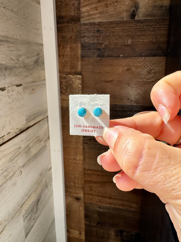 Stud Earrings – Kingman Turquoise – Sterling Silver – Handmade by Mary Ann Neha, Zuni Artist Earrings Shopify Collective The Bijoux FAB Jewelry The Bijoux FAB Jewelry