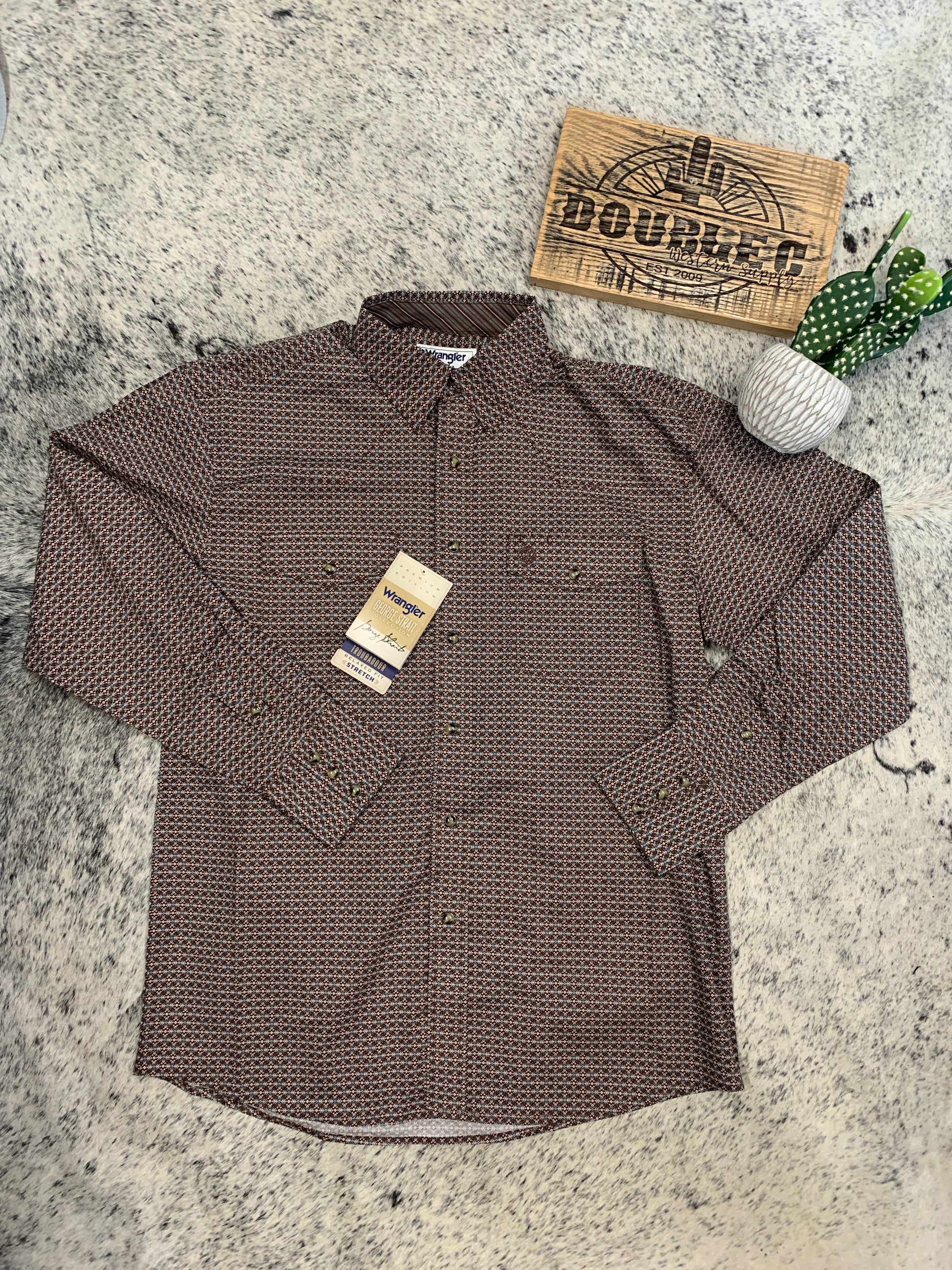 Wrangler® George Strait Two Pocket Long Sleeve Troubadour Shirt - Brown Shirts & Tops Wrangler