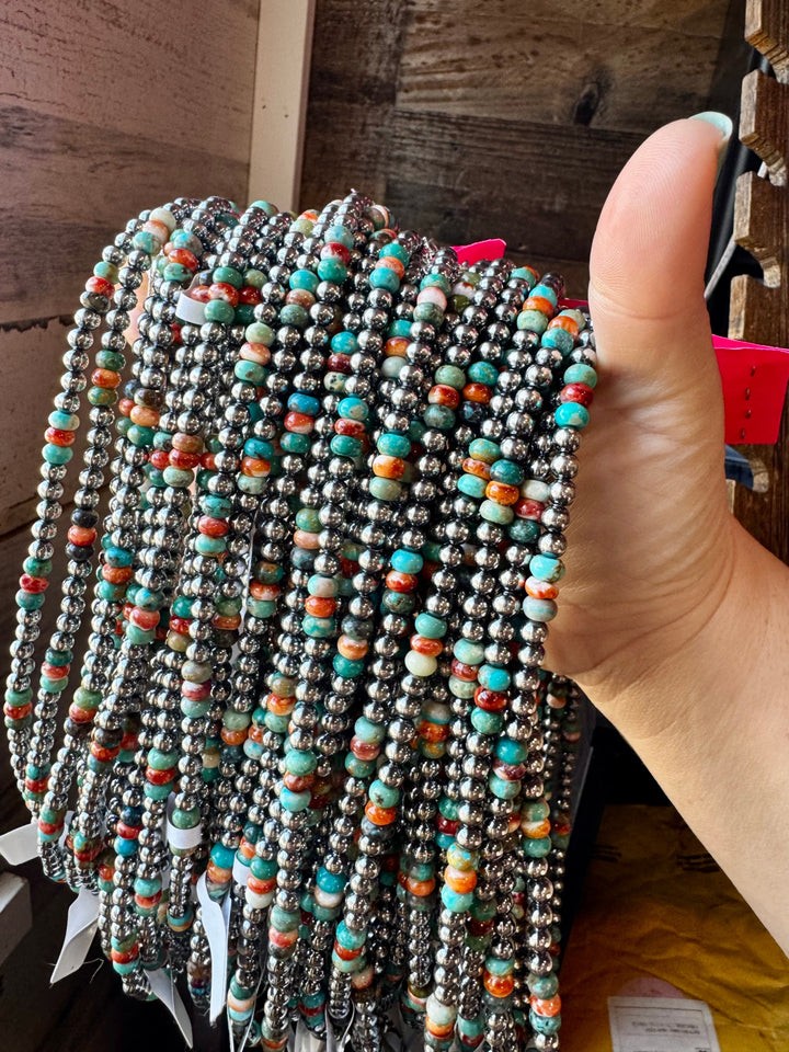 18-Inch Sterling Silver Pearl Necklace – Mixed Turquoise & Spiny Oyster (5mm) Necklaces Shopify Collective The Bijoux FAB Jewelry The Bijoux FAB Jewelry