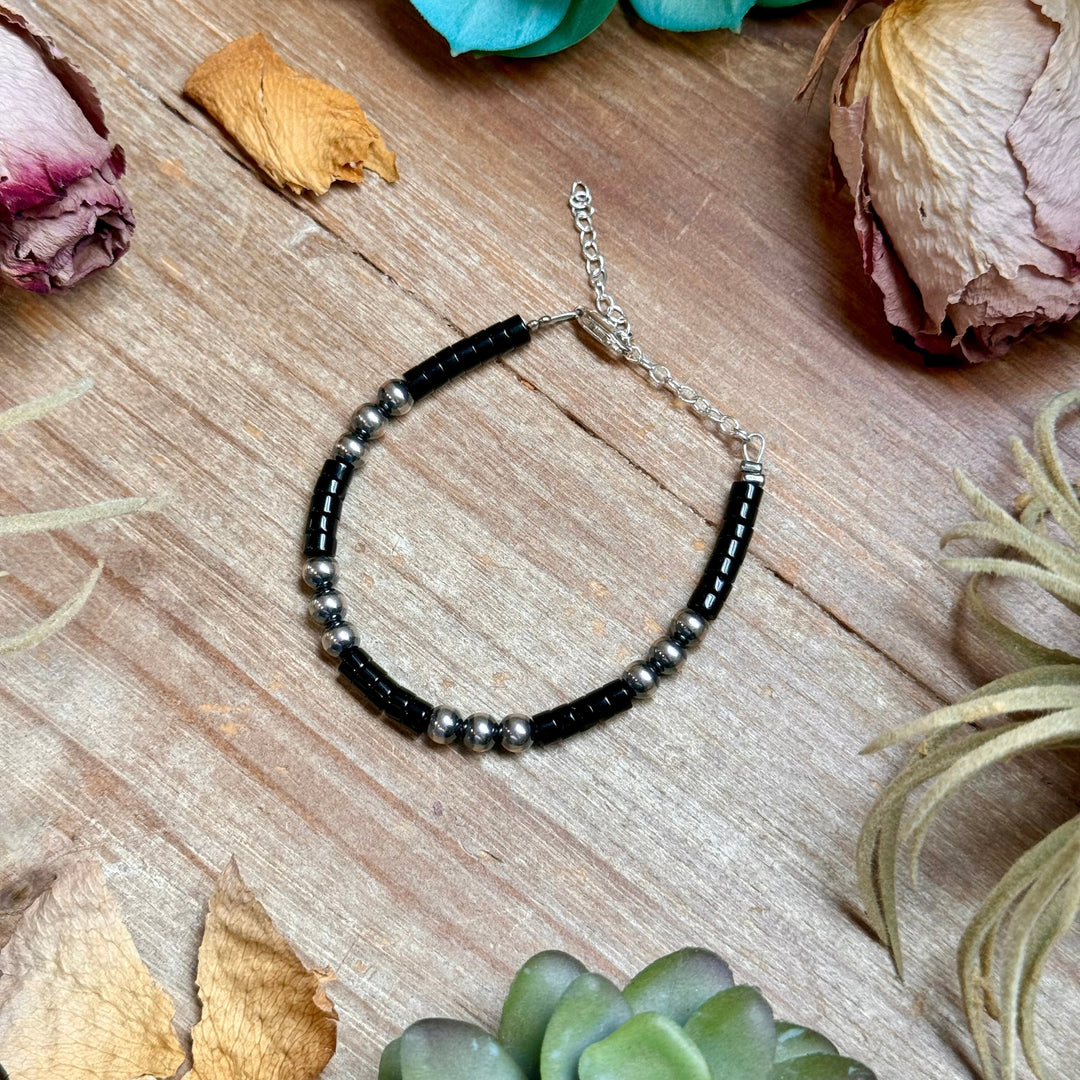 Black Onyx & Sterling Silver Bracelet – 6 1/4" – 5mm Bracelets Shopify Collective The Bijoux FAB Jewelry The Bijoux FAB Jewelry