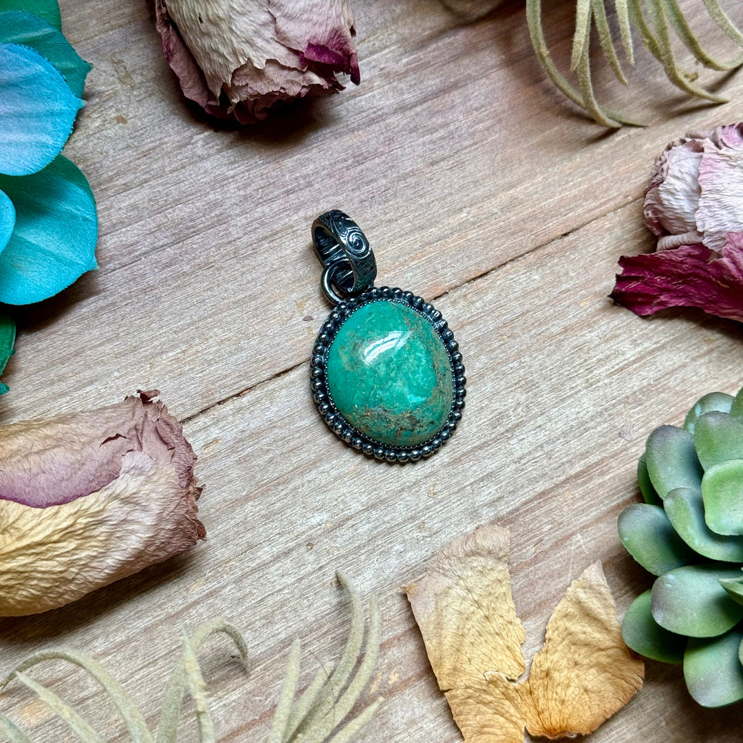 MJ Green Turquoise Sterling Silver Pendant – Free Form Round Pendant Shopify Collective The Bijoux FAB Jewelry The Bijoux FAB Jewelry