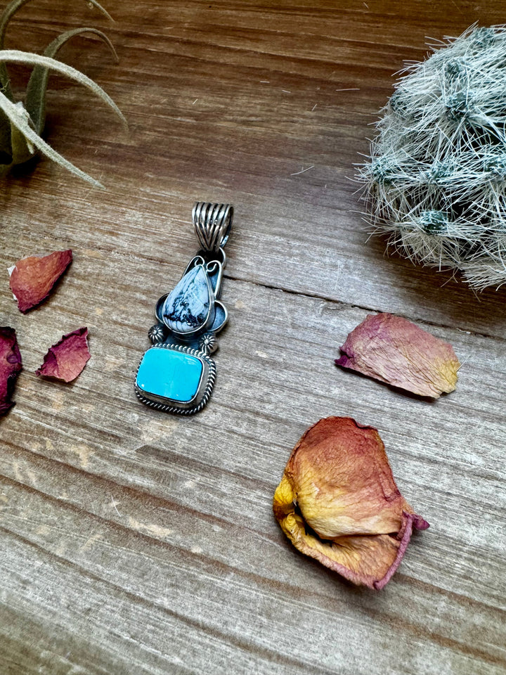 2 stone Pendant - Golden Hill turquoise, White Buffalo & Sterling Silver - option 3 Pendant Shopify Collective The Bijoux FAB Jewelry The Bijoux FAB Jewelry