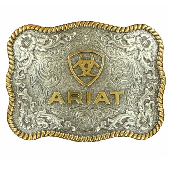 Ariat Rectangle Filigree Swirl Gold/Silver Tone Logo Belt Buckle