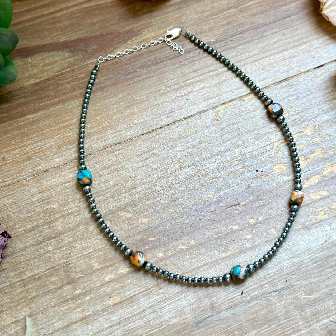 Kids necklace - 13” Turquoise & Spiny Oyster Necklace – 3–4mm Sterling Silver Pearls Choker Shopify Collective The Bijoux FAB Jewelry The Bijoux FAB Jewelry