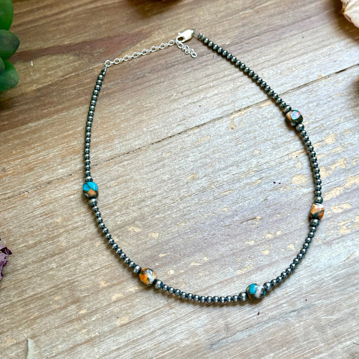 Kids necklace - 13” Turquoise & Spiny Oyster Necklace – 3–4mm Sterling Silver Pearls Choker Shopify Collective The Bijoux FAB Jewelry The Bijoux FAB Jewelry