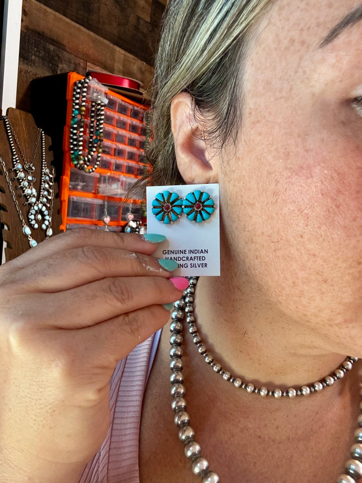 Blue Magnesite Turquoise & Red Cluster Stud Earrings Earrings Shopify Collective The Bijoux FAB Jewelry The Bijoux FAB Jewelry