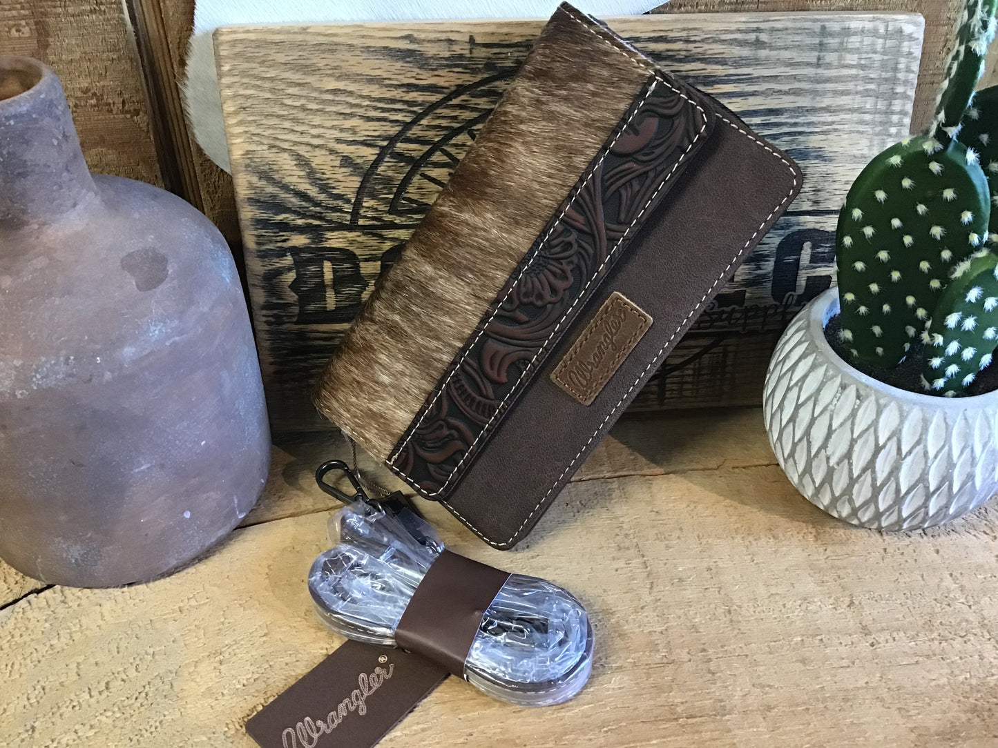 Wrangler Genuine Hair-On Cowhide Mini Crossbody Brown wallet Women's Wrangler