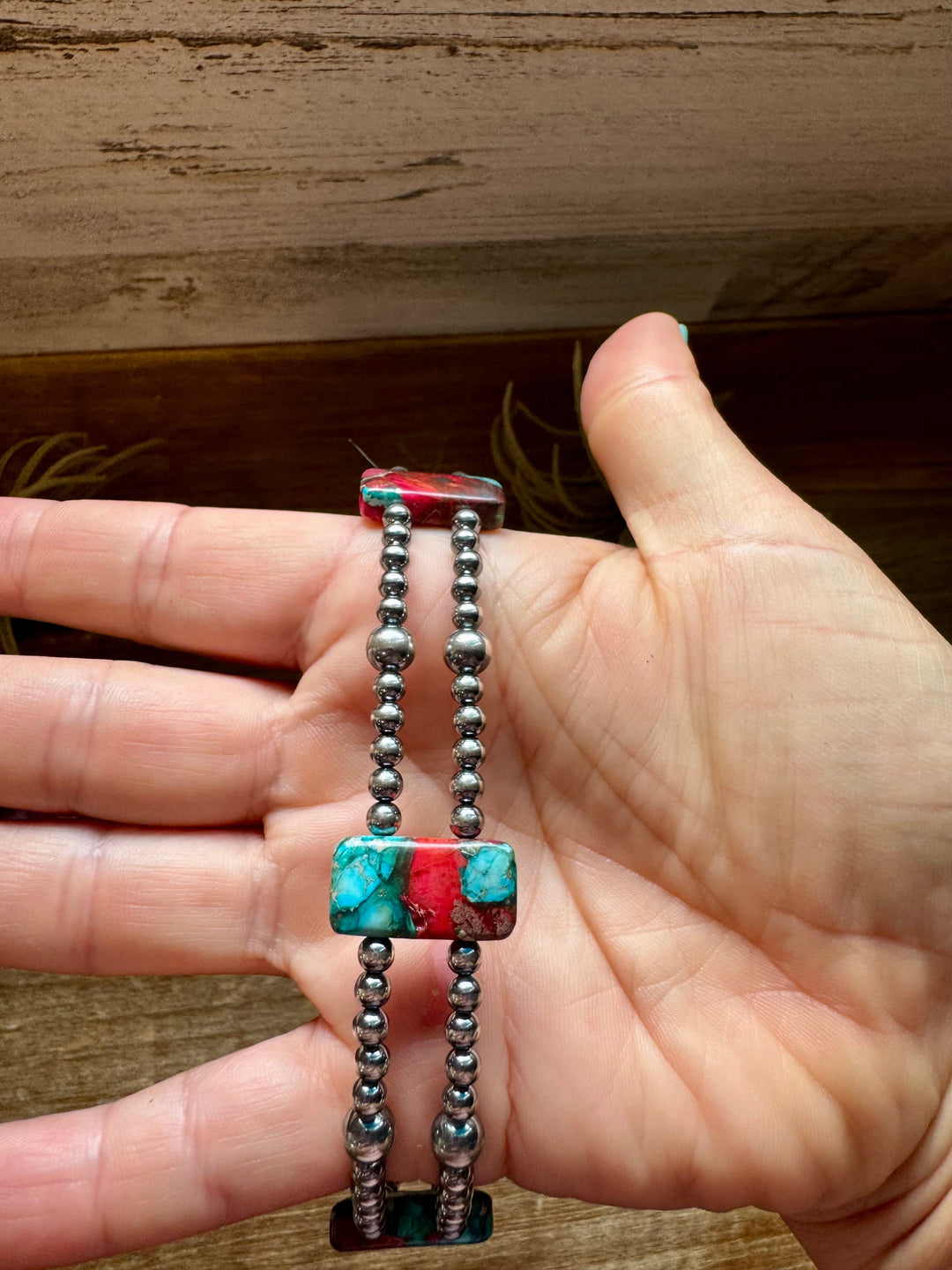 Pink/turquoise Double Strand Necklace – 13” Beaded – Sterling Silver Pearls & Rectangle Variscite Choker Shopify Collective The Bijoux FAB Jewelry The Bijoux FAB Jewelry