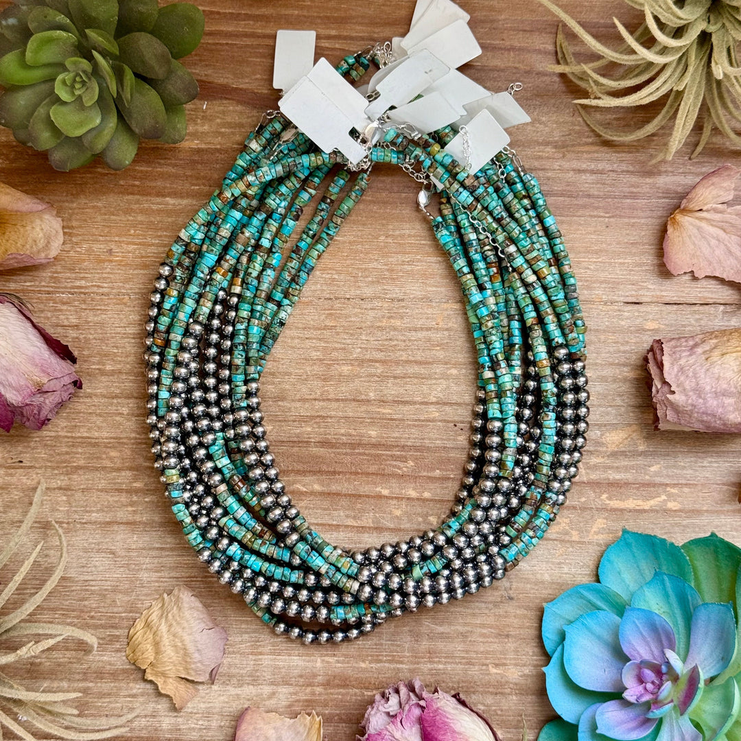 15” Heishi Turquoise Necklace – 4mm Turquoise & 5mm Sterling Silver Pearls Necklaces Shopify Collective The Bijoux FAB Jewelry The Bijoux FAB Jewelry
