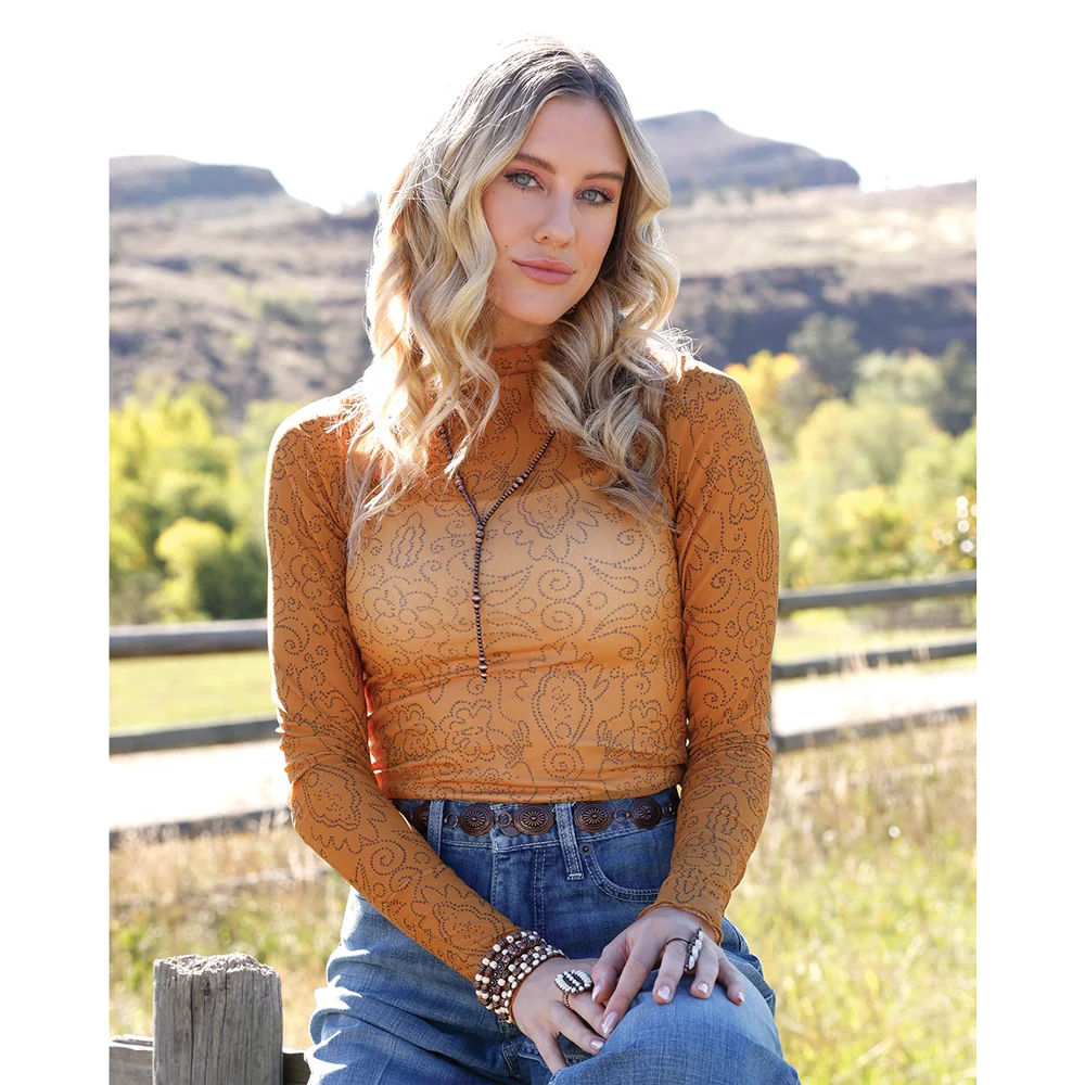 Cruel Girl Women's Long Sleeve Mesh Top Gold CTK7485007 Tops Cruel Girl long sleeve mesh top western fashion women's tops Cruel Girl
