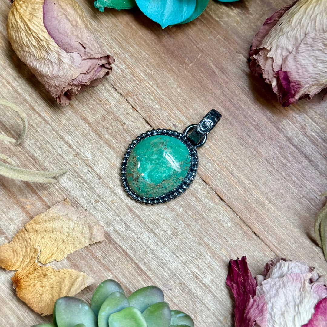 MJ Green Turquoise Sterling Silver Pendant – Free Form Round Pendant Shopify Collective The Bijoux FAB Jewelry The Bijoux FAB Jewelry