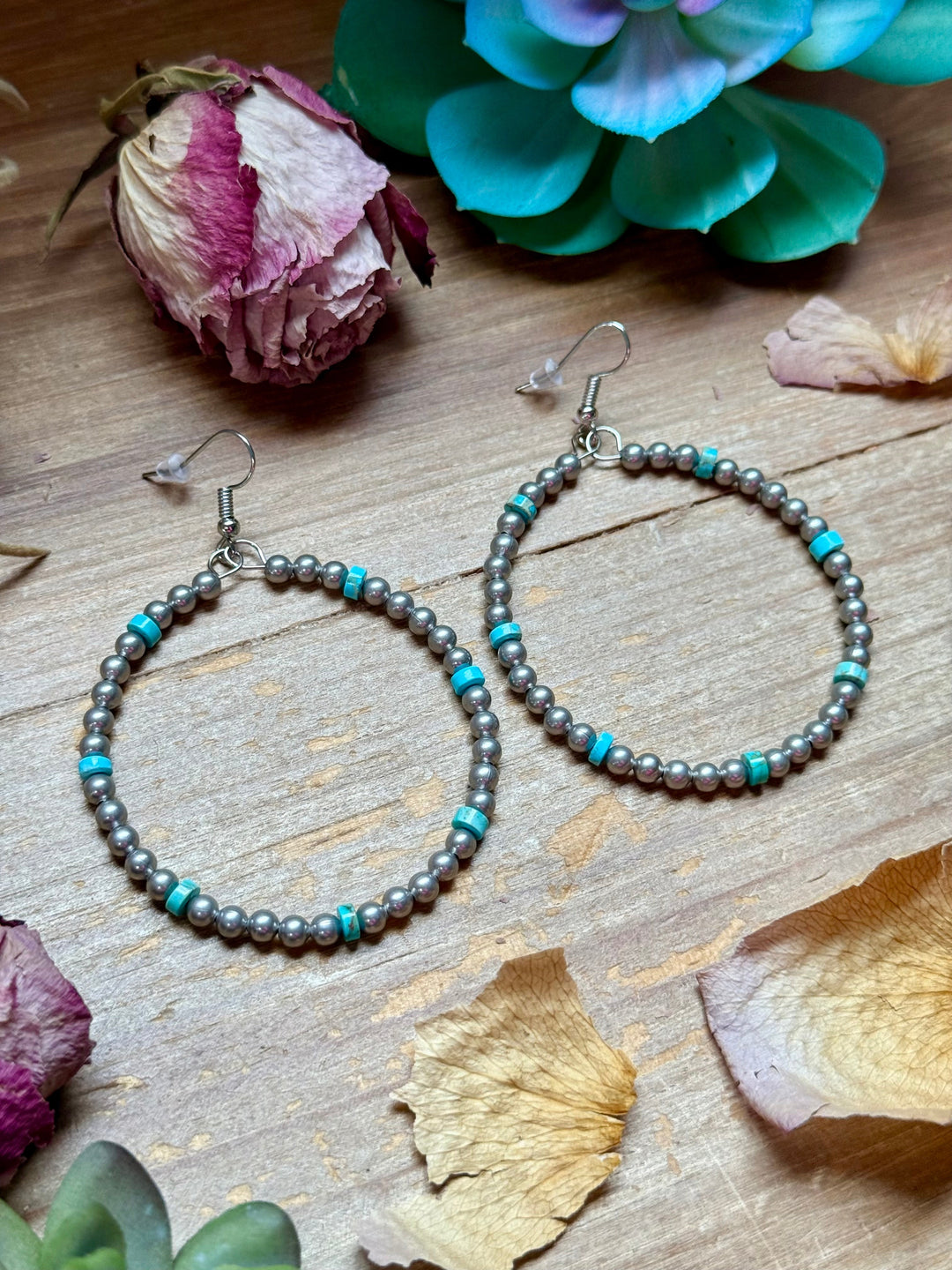 Silver Plated & Blue Variscite Turquoise Hoop Earrings – 4mm Beads Earrings Shopify Collective The Bijoux FAB Jewelry The Bijoux FAB Jewelry