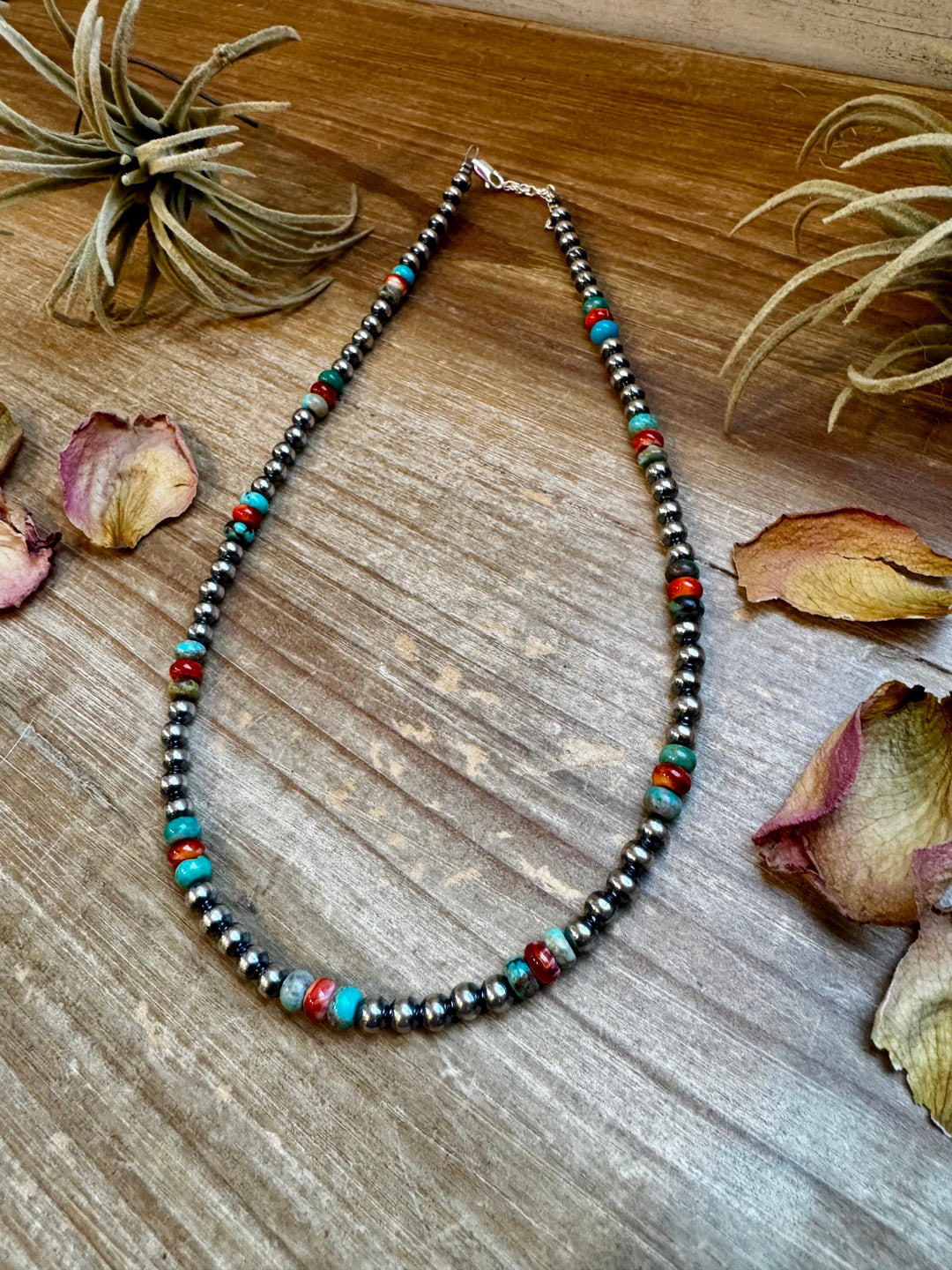 18-Inch Sterling Silver Pearl Necklace – Mixed Turquoise & Spiny Oyster (5mm) Necklaces Shopify Collective The Bijoux FAB Jewelry The Bijoux FAB Jewelry