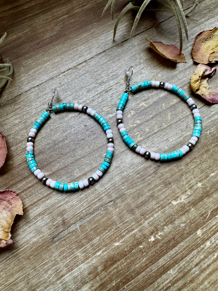 Turquoise Variscite & Pink Conch Hoop Earrings – Exclusive Bijoux FAB Design Earrings Shopify Collective The Bijoux FAB Jewelry The Bijoux FAB Jewelry
