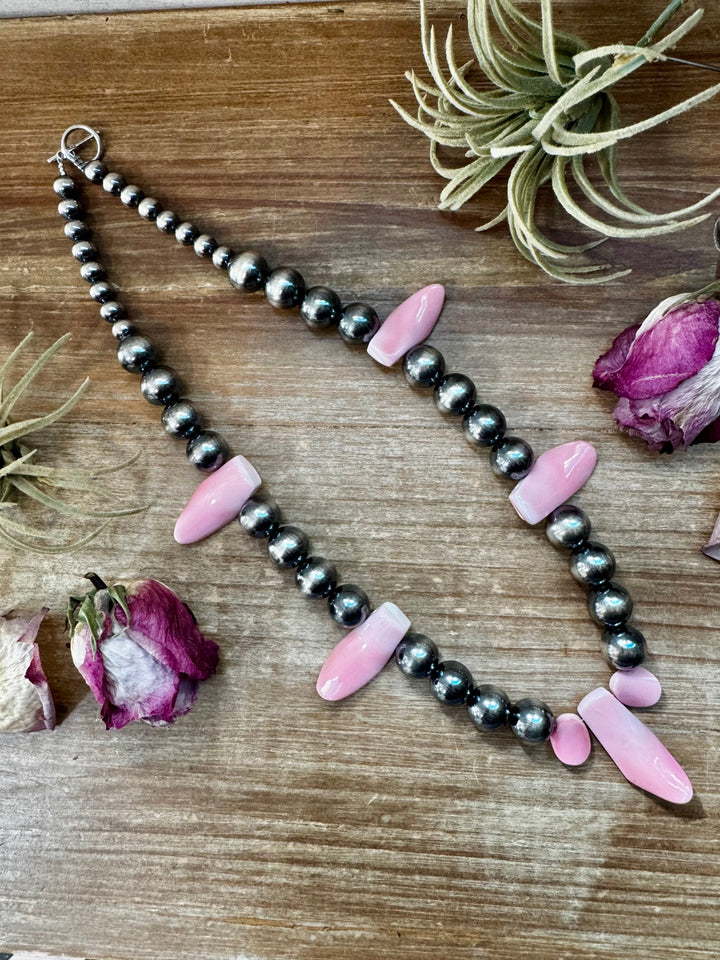 NFR Collection Necklace – 8mm & 14mm Sterling Silver Pearls with Pink Conch Shell – 23" Necklaces Shopify Collective The Bijoux FAB Jewelry The Bijoux FAB Jewelry