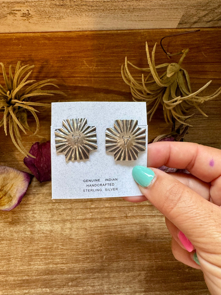 Square Cross Stud Earrings with Longhorn Skull – Sterling Silver Earrings Shopify Collective The Bijoux FAB Jewelry The Bijoux FAB Jewelry