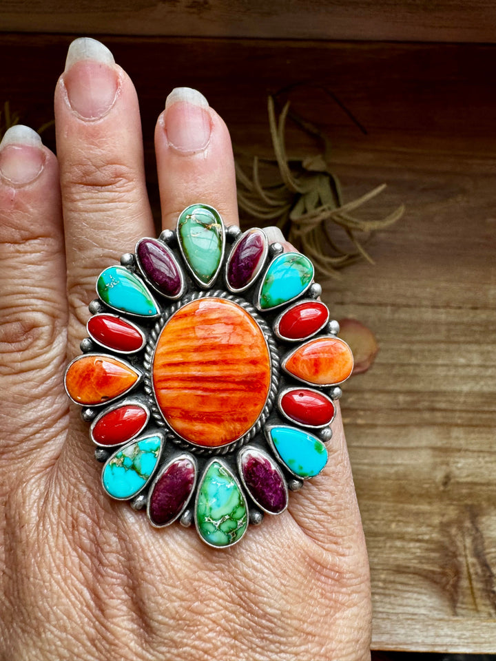 Adjustable Cluster Ring – Spiny Oyster & Sonoran Gold by E. Richards, Native Made ring Shopify Collective The Bijoux FAB Jewelry The Bijoux FAB Jewelry