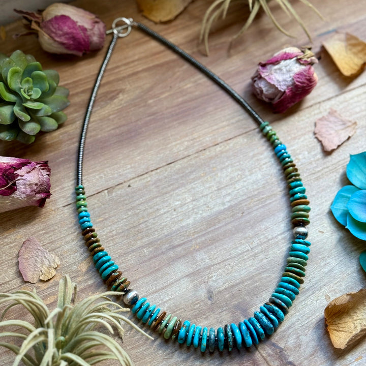 23” Tri Color Turquoise Graduated Necklace – Sterling Silver & Hematite Necklaces Shopify Collective The Bijoux FAB Jewelry The Bijoux FAB Jewelry