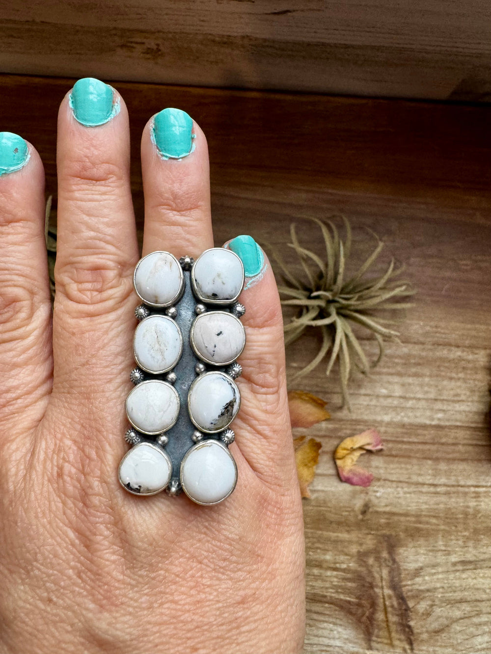White Buffalo Turquoise Ring – 8-Stone Adjustable Long Statement Ring ring Shopify Collective The Bijoux FAB Jewelry The Bijoux FAB Jewelry