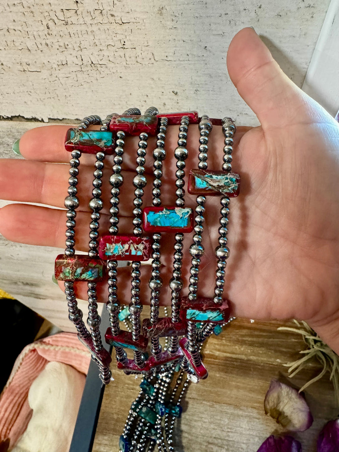 Pink/blue Double Strand Necklace – 13” Beaded – Sterling Silver Pearls & Rectangle Variscite Choker Shopify Collective The Bijoux FAB Jewelry The Bijoux FAB Jewelry