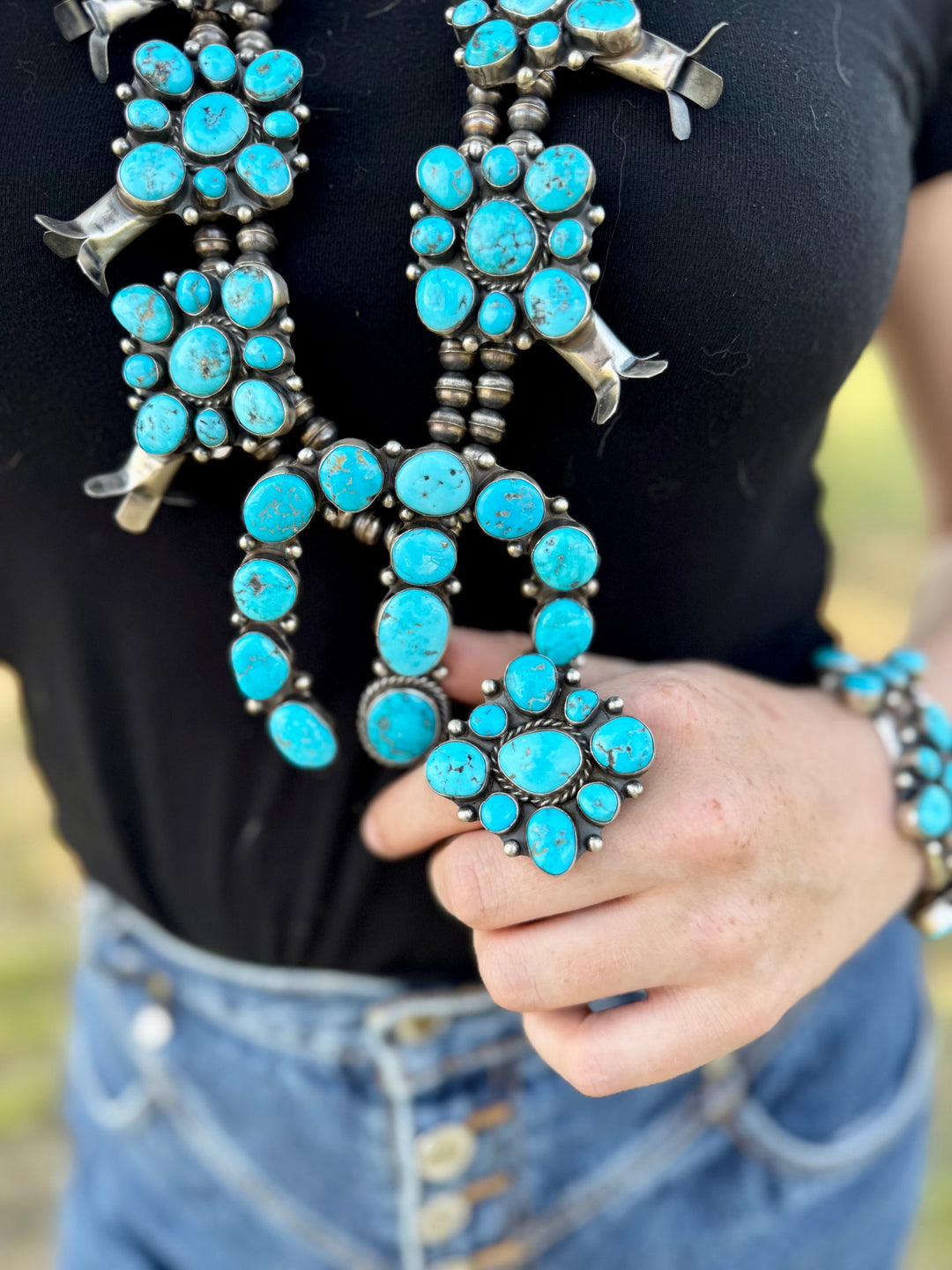 Complete Squash Blossom Set – Kingman Turquoise – Sterling Silver – Navajo Made by Wilson Dawes jewelry set Shopify Collective The Bijoux FAB Jewelry The Bijoux FAB Jewelry