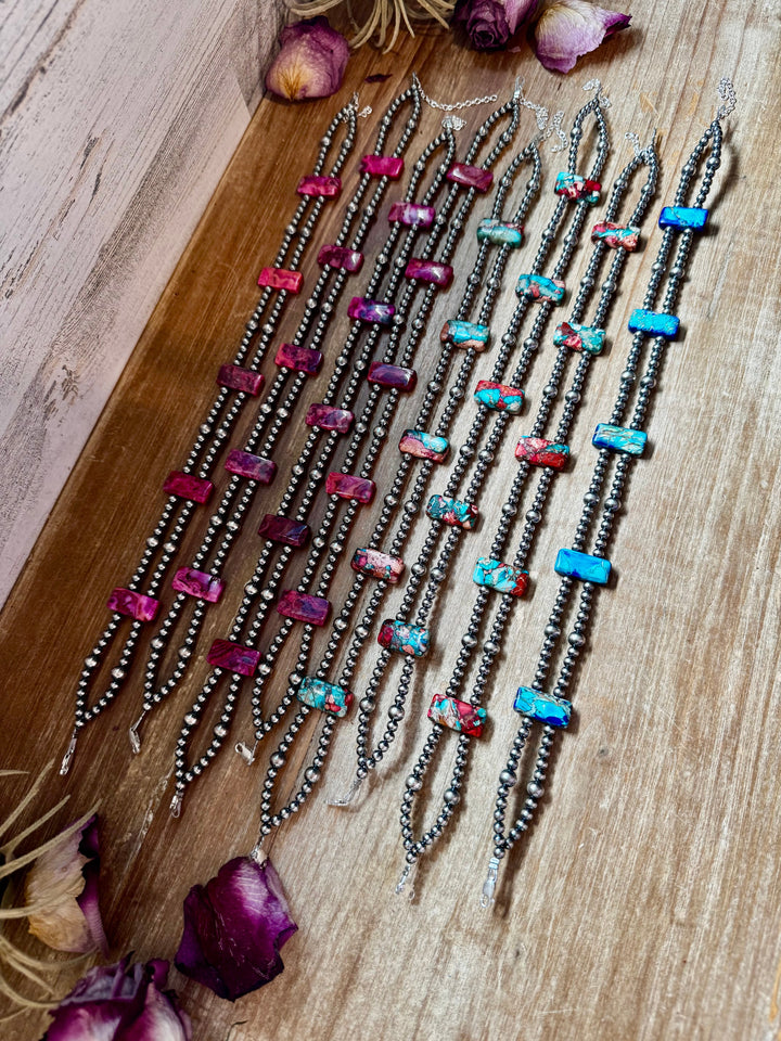Pink/turquoise Double Strand Necklace – 13” Beaded – Sterling Silver Pearls & Rectangle Variscite Choker Shopify Collective The Bijoux FAB Jewelry The Bijoux FAB Jewelry