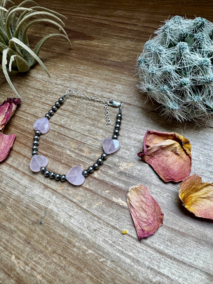 Valentine Bracelet - 4 mm sterling silver pearls and Rose Quartz heart Bracelets Shopify Collective The Bijoux FAB Jewelry The Bijoux FAB Jewelry