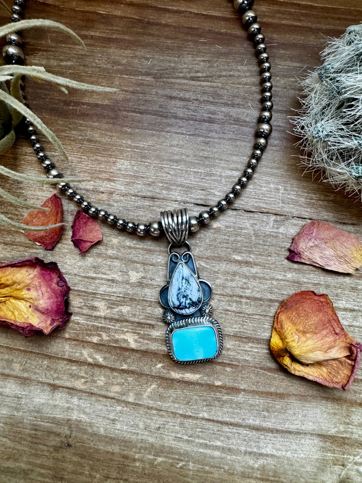 2 stone Pendant - Golden Hill turquoise, White Buffalo & Sterling Silver - option 3 Pendant Shopify Collective The Bijoux FAB Jewelry The Bijoux FAB Jewelry