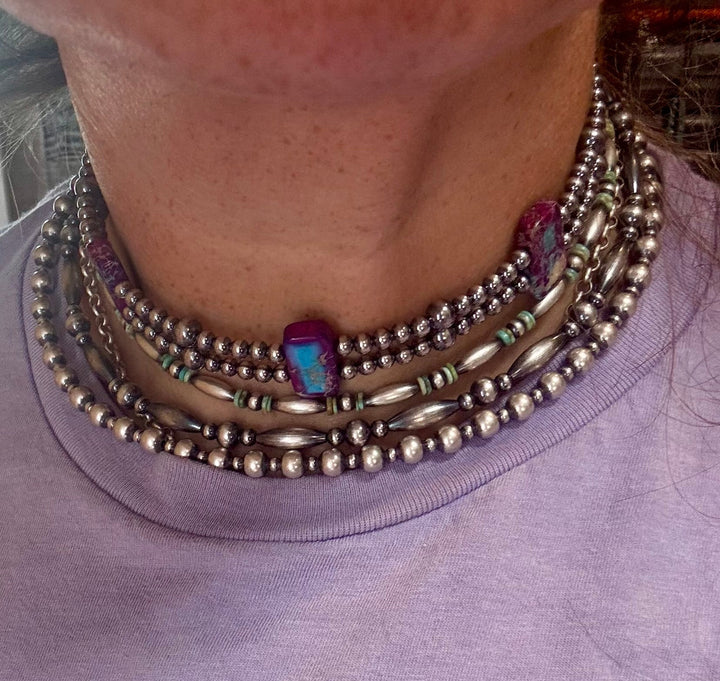 Green/Blue Double Strand Necklace – 13” Beaded – Sterling Silver Pearls & Rectangle Variscite Turquoise Choker Shopify Collective The Bijoux FAB Jewelry The Bijoux FAB Jewelry