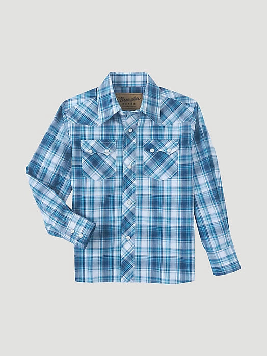 BOY'S WRANGLER RETRO® WESTERN SNAP PLAID SHIRT WITH FRONT SAWTOOTH POCKETS IN TURQUOISE POP