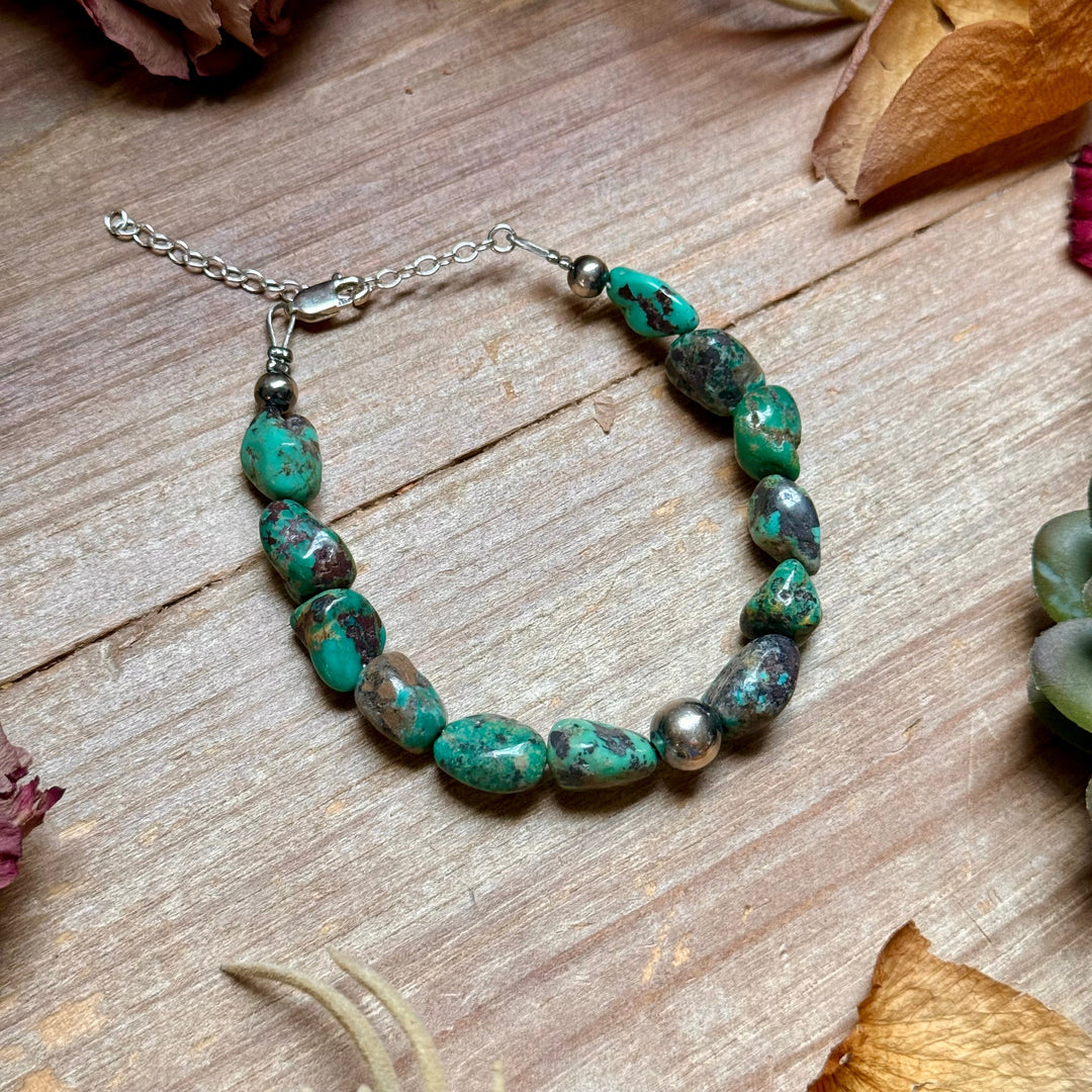 Turquoise Nugget Bracelet with Sterling Silver Pearls – 7” + Extender Bracelets Shopify Collective The Bijoux FAB Jewelry The Bijoux FAB Jewelry
