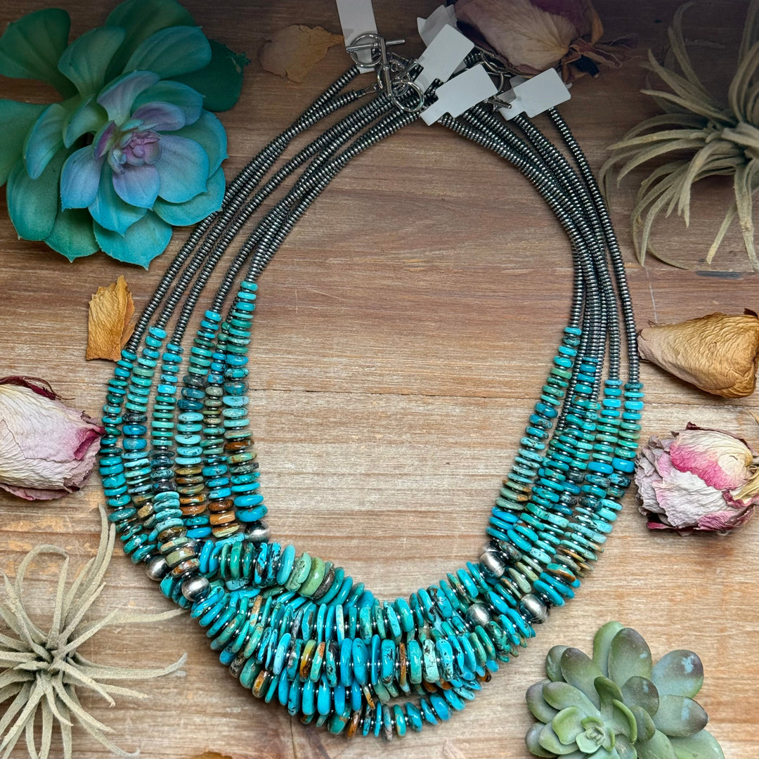 Tri-Color Turquoise Graduated Necklace with Hematite & Sterling Silver Accents – 23” Necklaces Shopify Collective The Bijoux FAB Jewelry The Bijoux FAB Jewelry