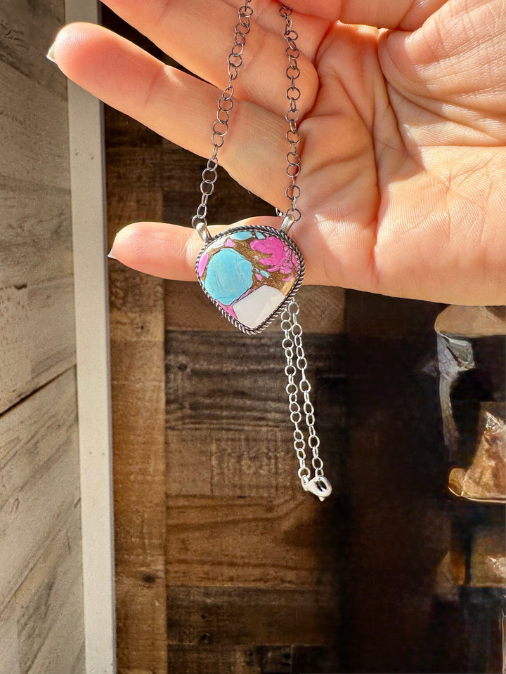 Cotton Candy Turquoise Bar Necklace – Freeform Shape – 18" Sterling Chain – Tia Long, Navajo Handmade Necklaces Shopify Collective The Bijoux FAB Jewelry The Bijoux FAB Jewelry
